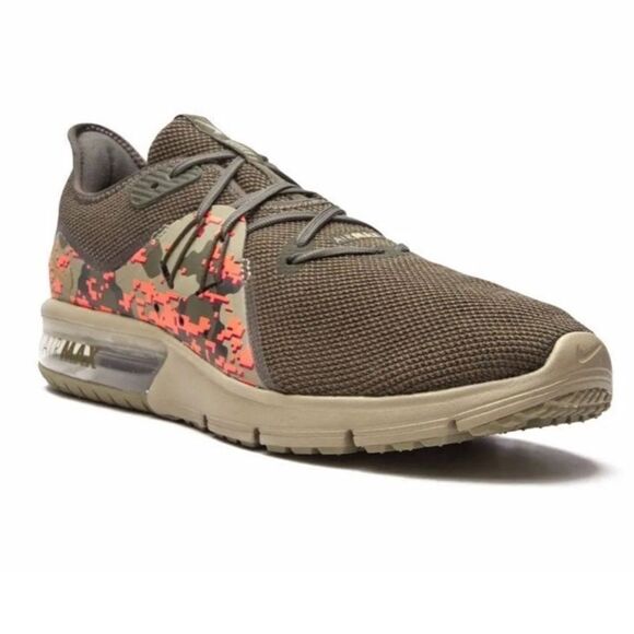 Nike Air Max Sequent 3C Olive Green Geometric Camo Athletic Performance Shoe - Picture 1 of 15